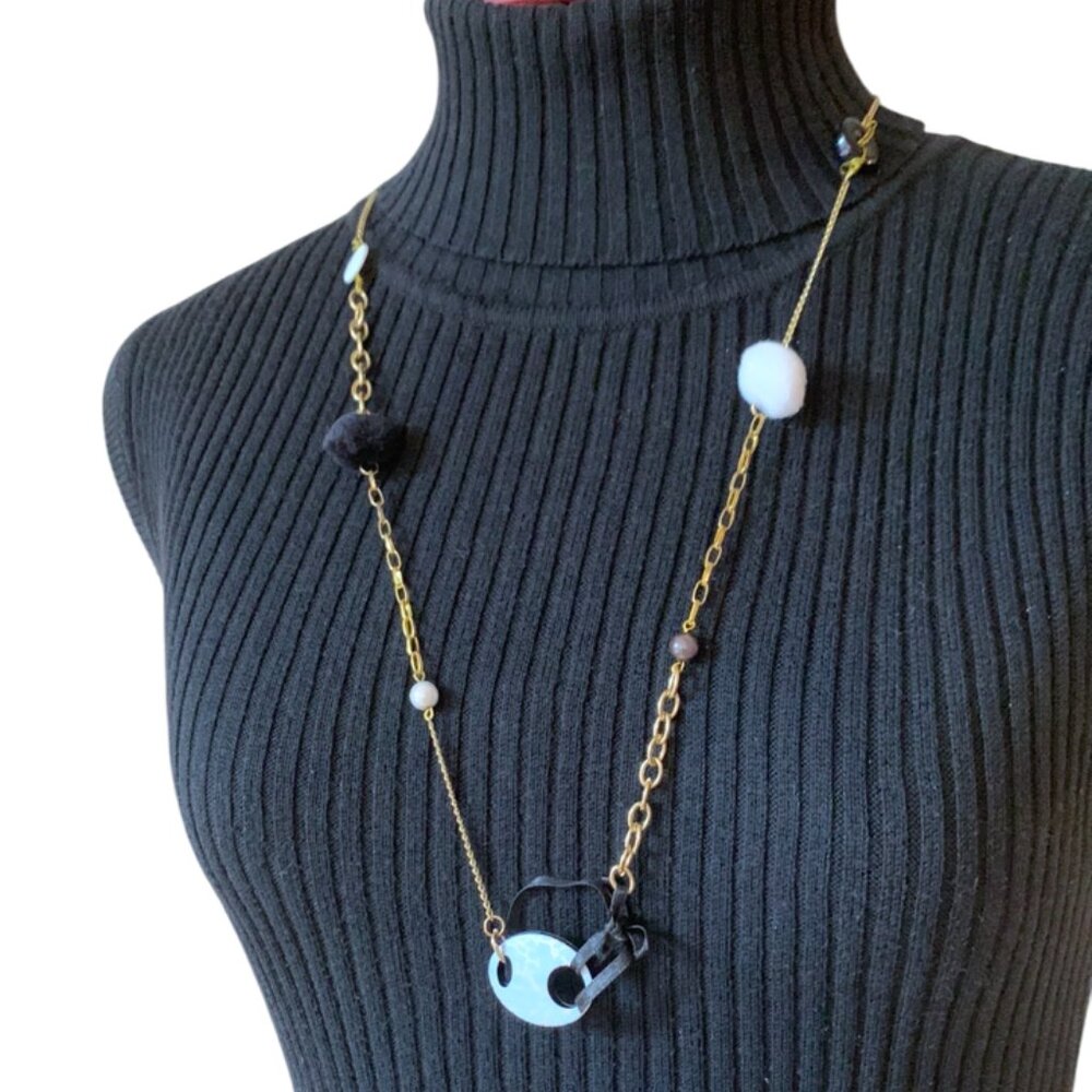 💎 CREATION - OPERA long necklace - Gold and Black beads ribbons & pompoms